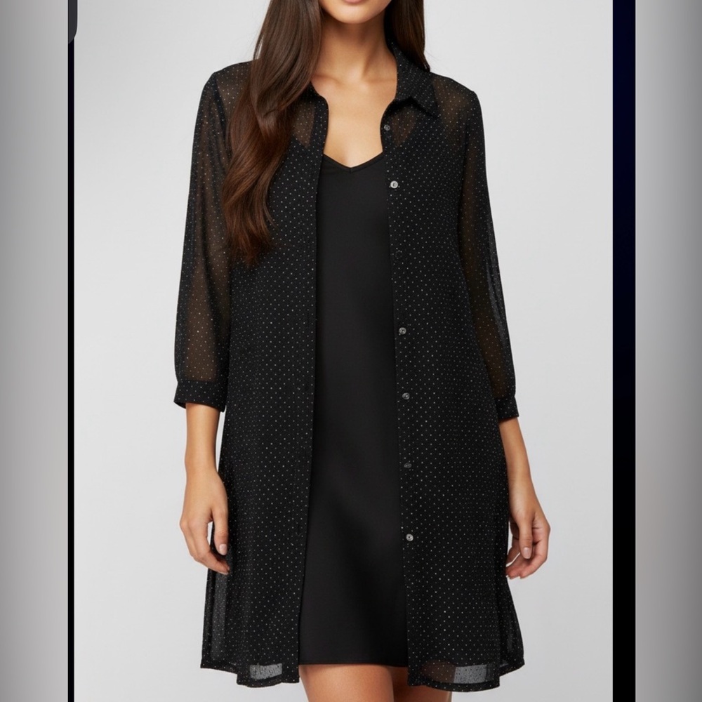 Black Mesh Overlay Tunic Dress Studded Rhinestone Button-Up Dress. - Picture 8 of 9